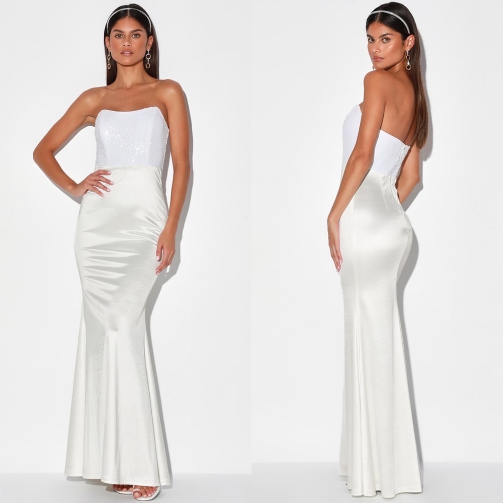 NEW Lulu's Sequin White Strapless Gown Dress Size Medium (M)